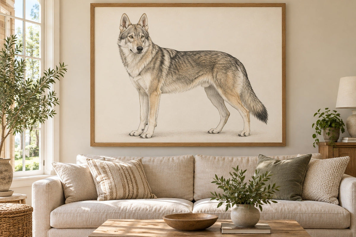 Saarlooswolfhund als Wandbild im Stil Minimal, feine Farbzeichnung, Raum: cremefarbenes Wohnzimmer
