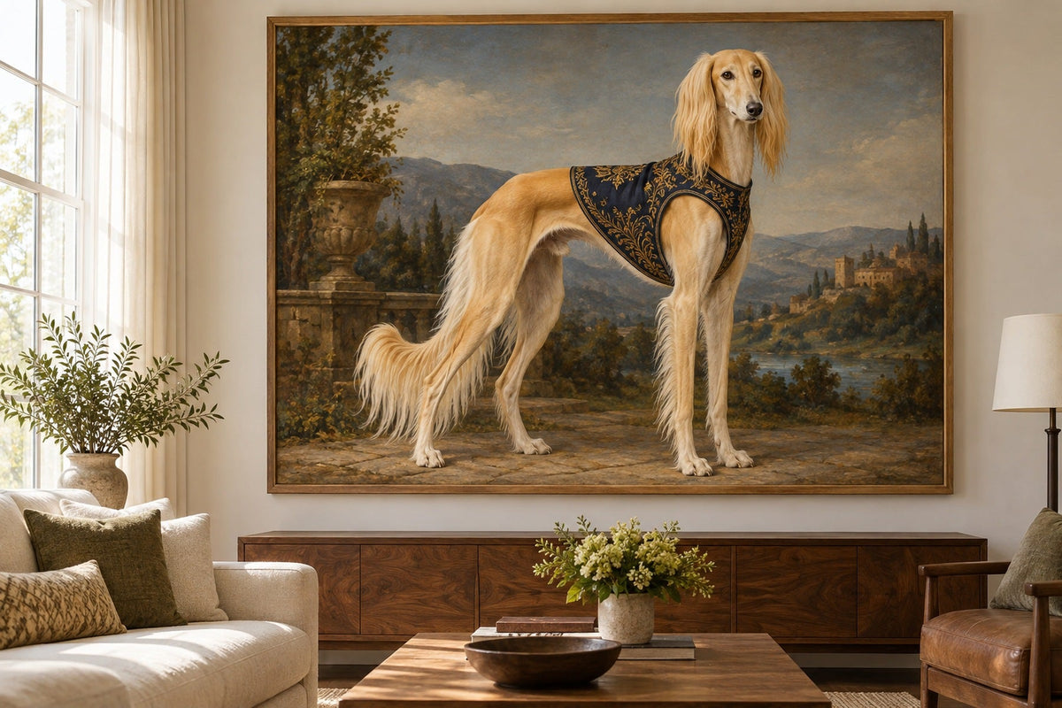 Saluki als Wandbild im Stil Royal mit kurzer Uniform, Raum: cremefarbenes Wohnzimmer