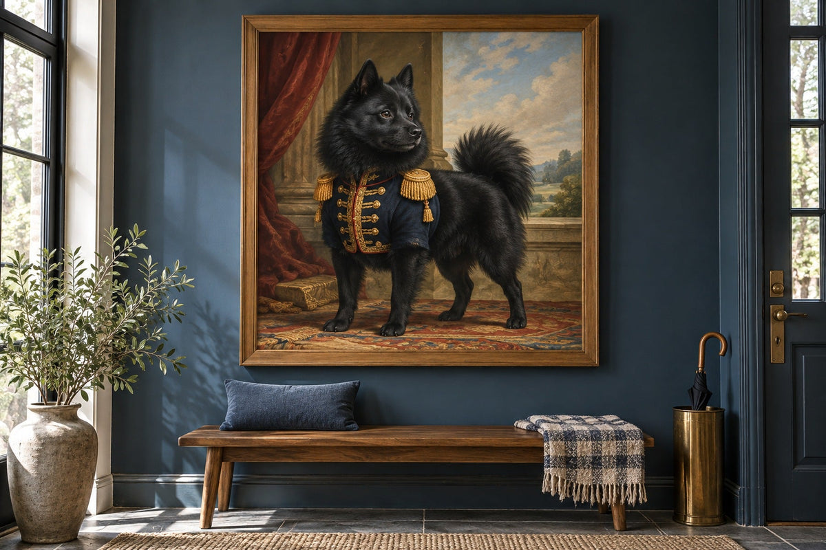Schipperke als Wandbild im Stil Royal mit kurzer Uniform, Raum: blauer Flur