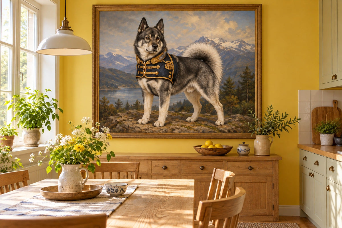 Schwedischer Elchhund als Wandbild im Stil Royal mit kurzer Uniform, Raum: gelbe Wohnküche