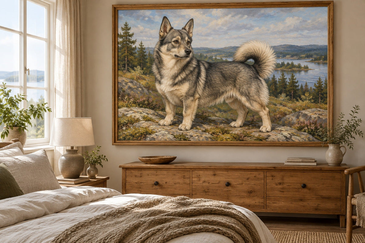 Schwedischer Wallhund als Wandbild im Stil Ölgemälde, Raum: sandfarbenes Schlafzimmer