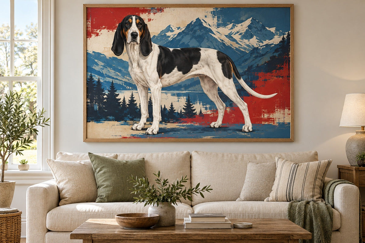 Schweizer Laufhund als Wandbild im Stil Pop-Art, Raum: cremefarbenes Wohnzimmer
