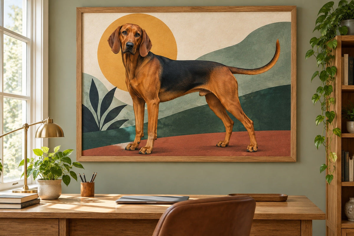 Serbischer Laufhund als Wandbild im Stil Pop-Art, Raum: salbeifarbenes Arbeitszimmer