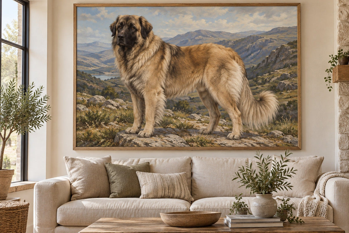 Serra-da-Estrela-Berghund als Wandbild im Stil Ölgemälde, Raum: cremefarbenes Wohnzimmer