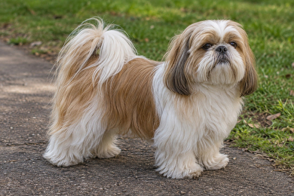 Shih Tzu, gold-weißes Langhaar, auf einem Parkweg