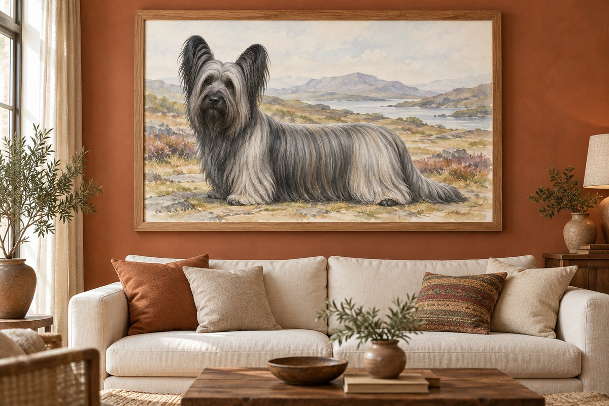Skye Terrier als Wandbild im Stil Aquarell, Raum: terrakottafarbenes Wohnzimmer