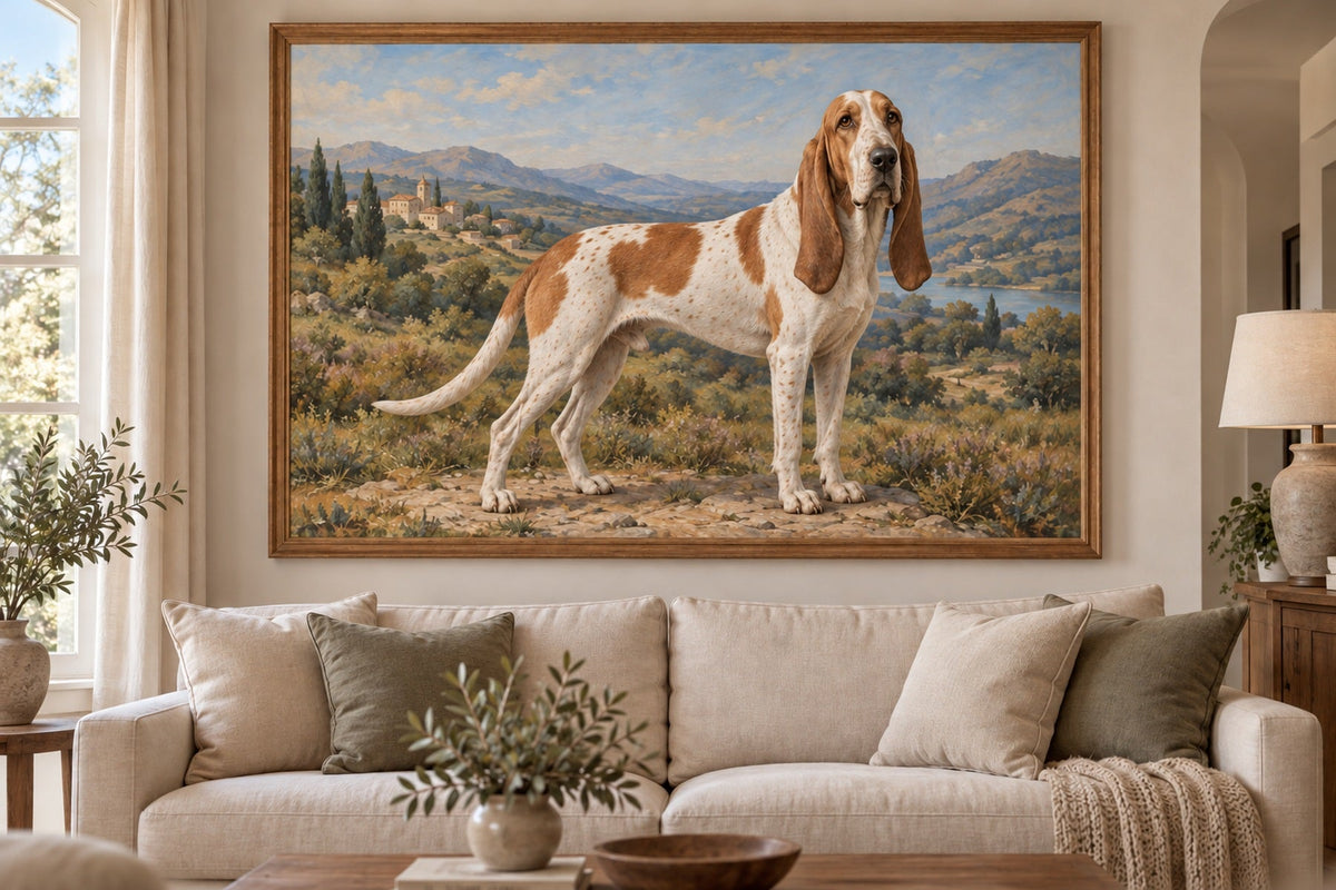 Spanischer Laufhund als Wandbild im Stil Ölgemälde, Raum: cremefarbenes Wohnzimmer