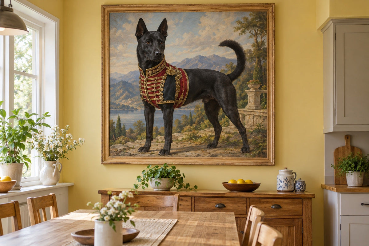Taiwan-Hund als Wandbild im Stil Royal mit kurzer Uniform, Raum: gelbe Wohnküche