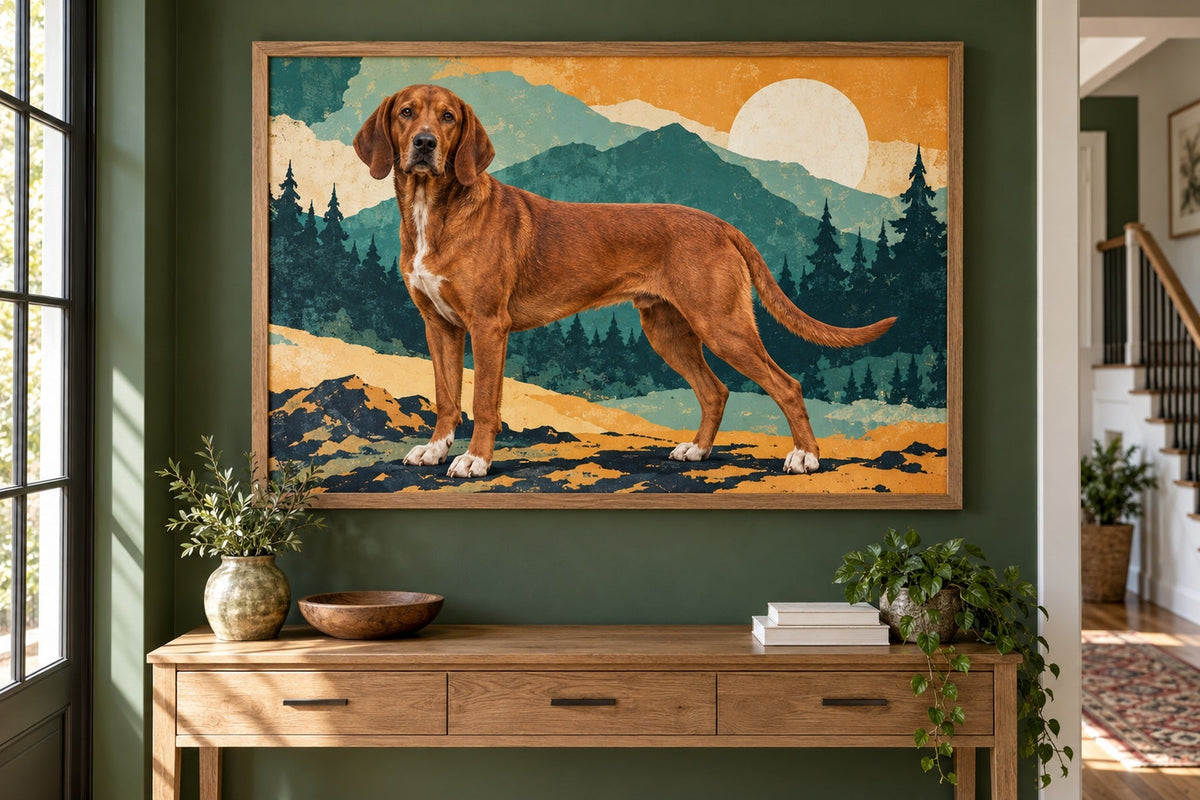 Tiroler Bracke als Wandbild im Stil Pop-Art, Raum: grüner Flur