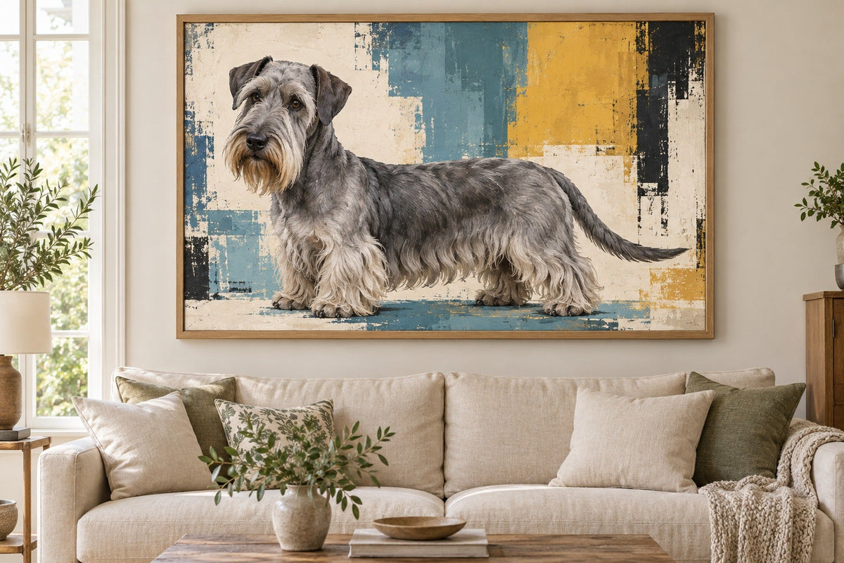 Tschechischer Terrier als Wandbild im Stil Pop-Art, Raum: cremefarbenes Wohnzimmer