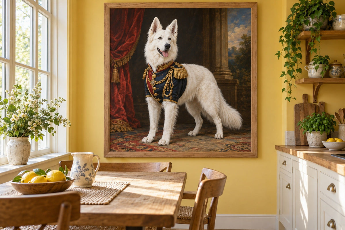 Weißer Schweizer Schäferhund als Wandbild im Stil Royal mit kurzer Uniform, Raum: gelbe Wohnküche