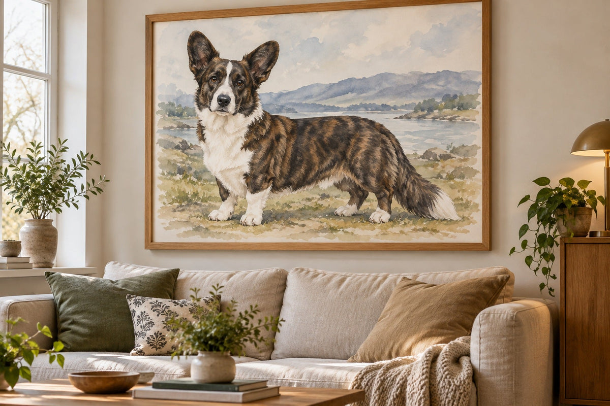 Welsh Corgi Cardigan als Wandbild im Stil Aquarell, Raum: skandinavisches Wohnzimmer