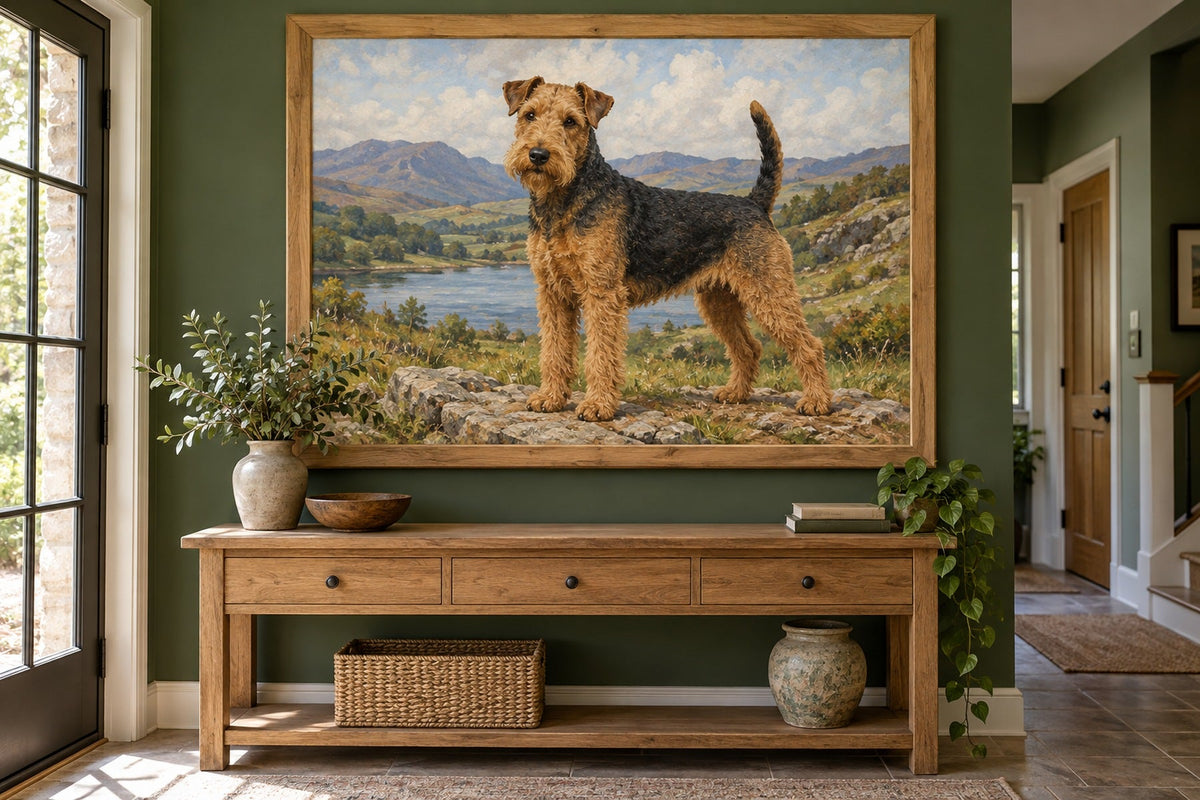 Welsh Terrier als Wandbild im Stil Ölgemälde, Raum: grüner Flur