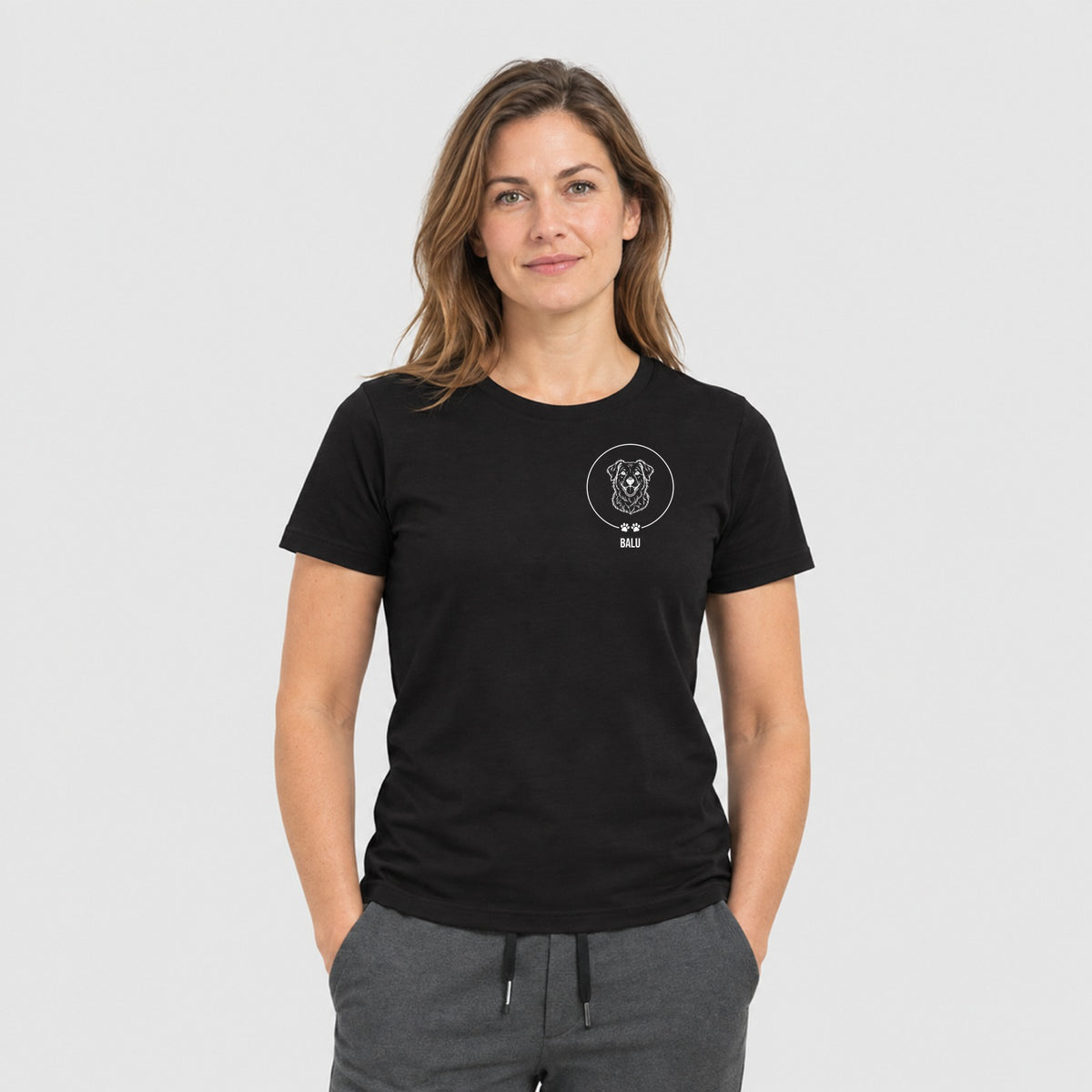 Tierportrait als Brustmotiv mit Namen, T-Shirt dunkel