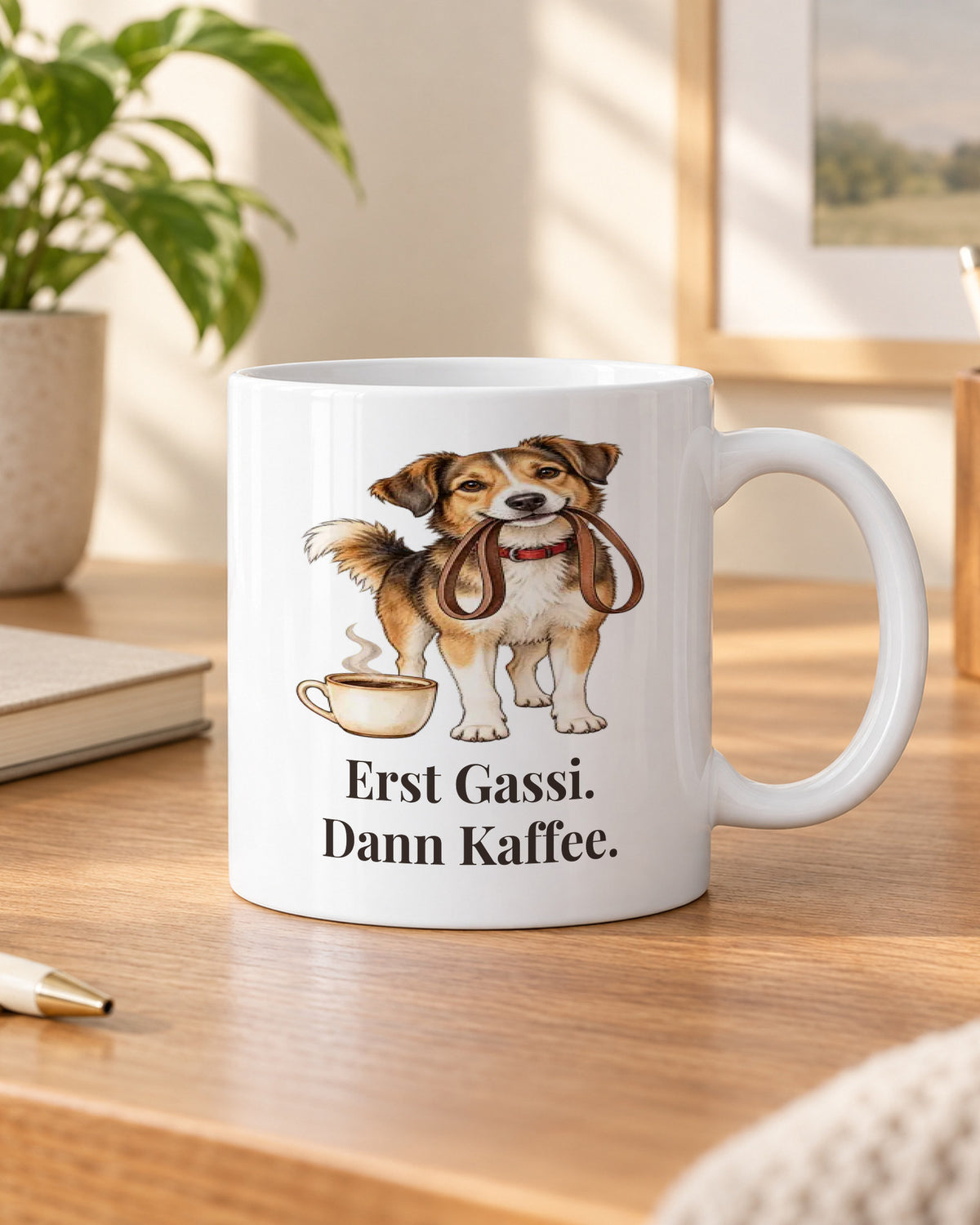 Hundetasse „Erst Gassi. Dann Kaffee.“ im Homeoffice