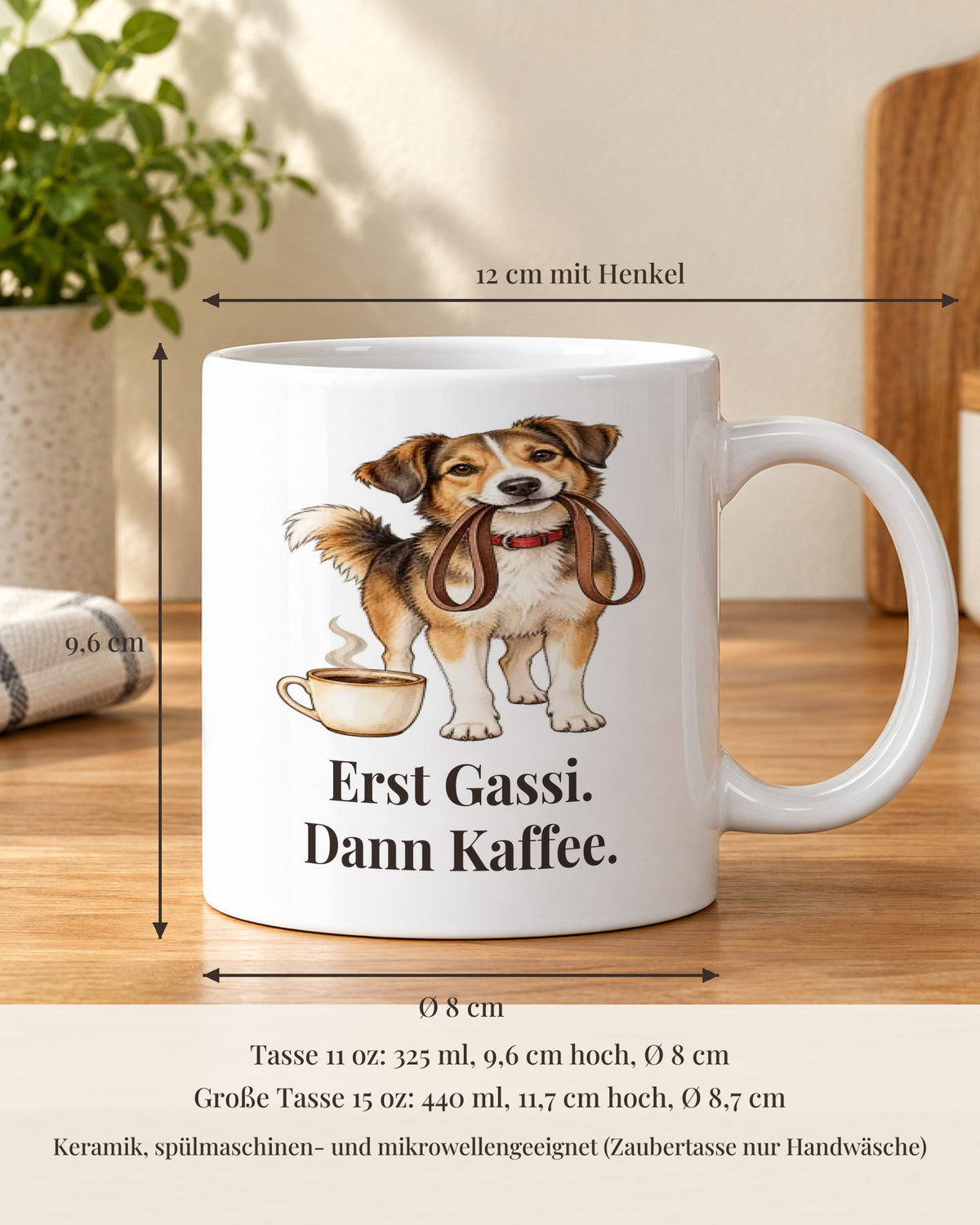 Hundetasse 11 oz mit Maßen: 9,6 cm hoch, 8 cm Durchmesser