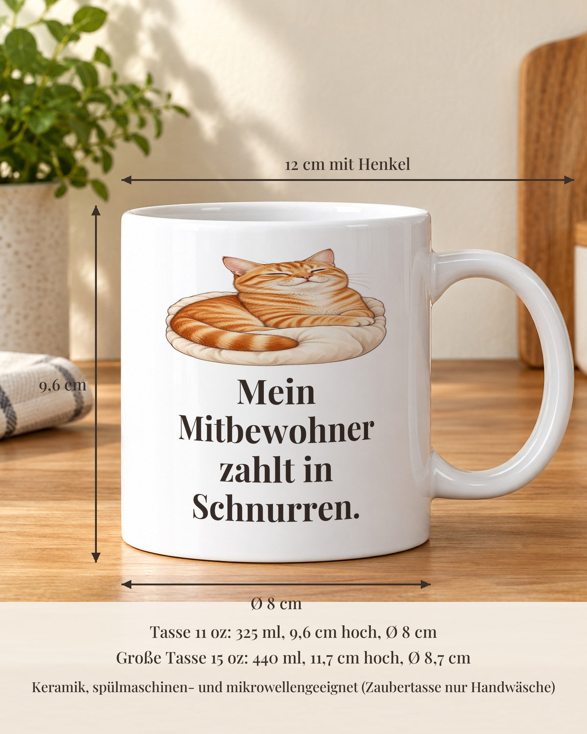 Katzentasse 11 oz mit Maßen: 9,6 cm hoch, 8 cm Durchmesser