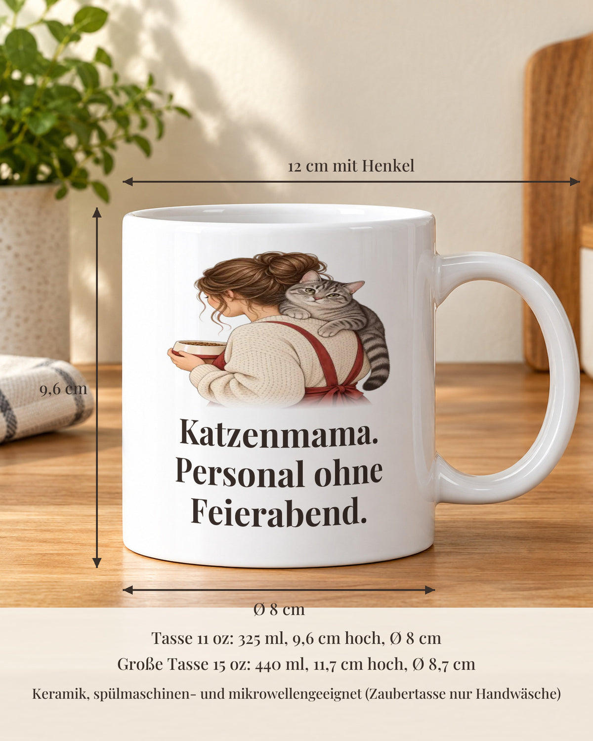 Katzentasse 11 oz mit Maßen: 9,6 cm hoch, 8 cm Durchmesser