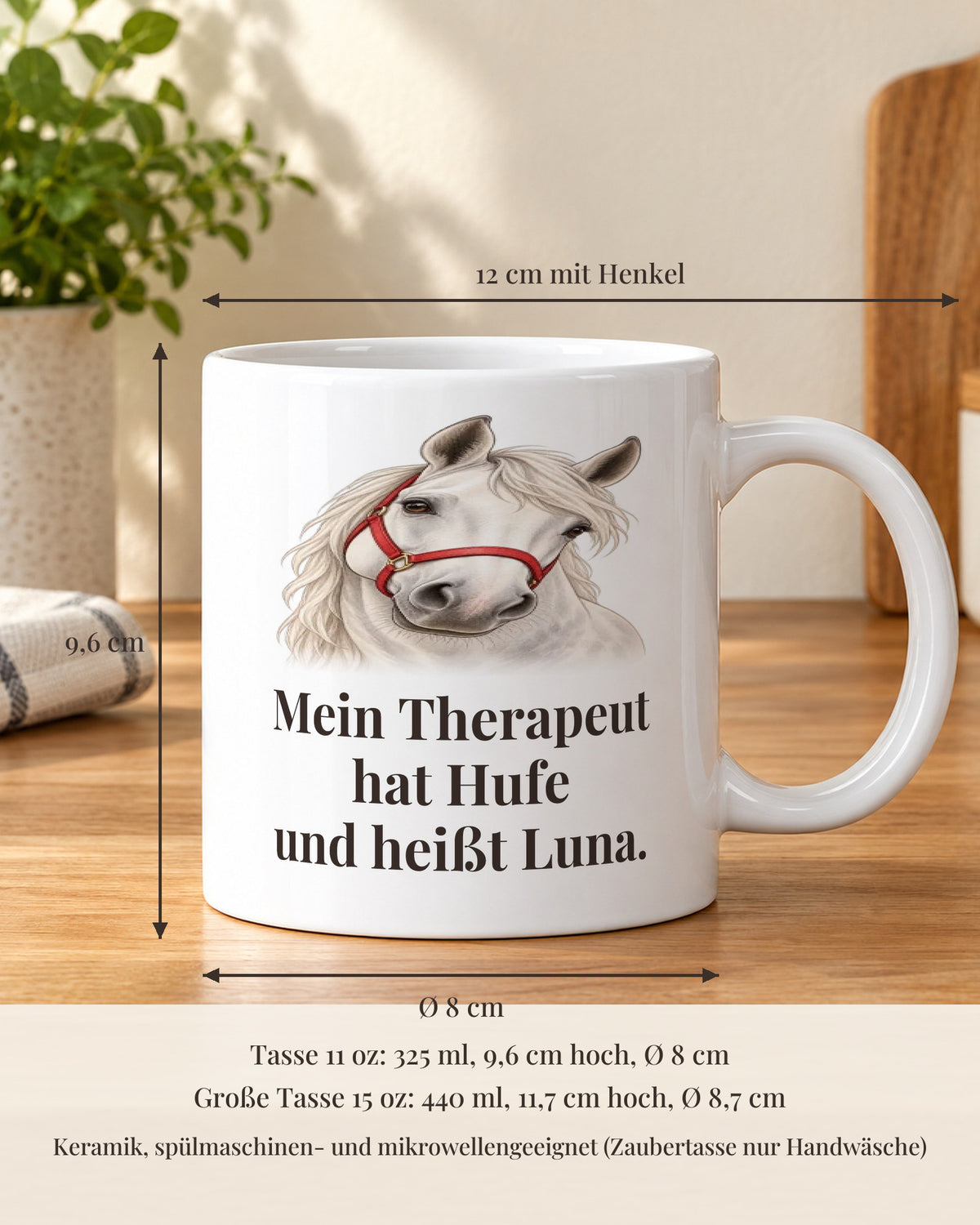 Pferdetasse 11 oz mit Maßen: 9,6 cm hoch, 8 cm Durchmesser