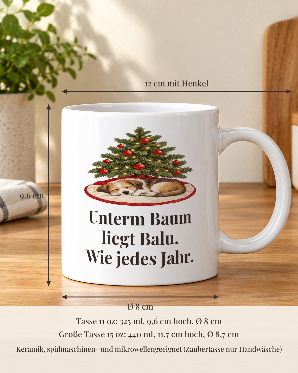 Weihnachtstasse 11 oz mit Maßen: 9,6 cm hoch, 8 cm Durchmesser