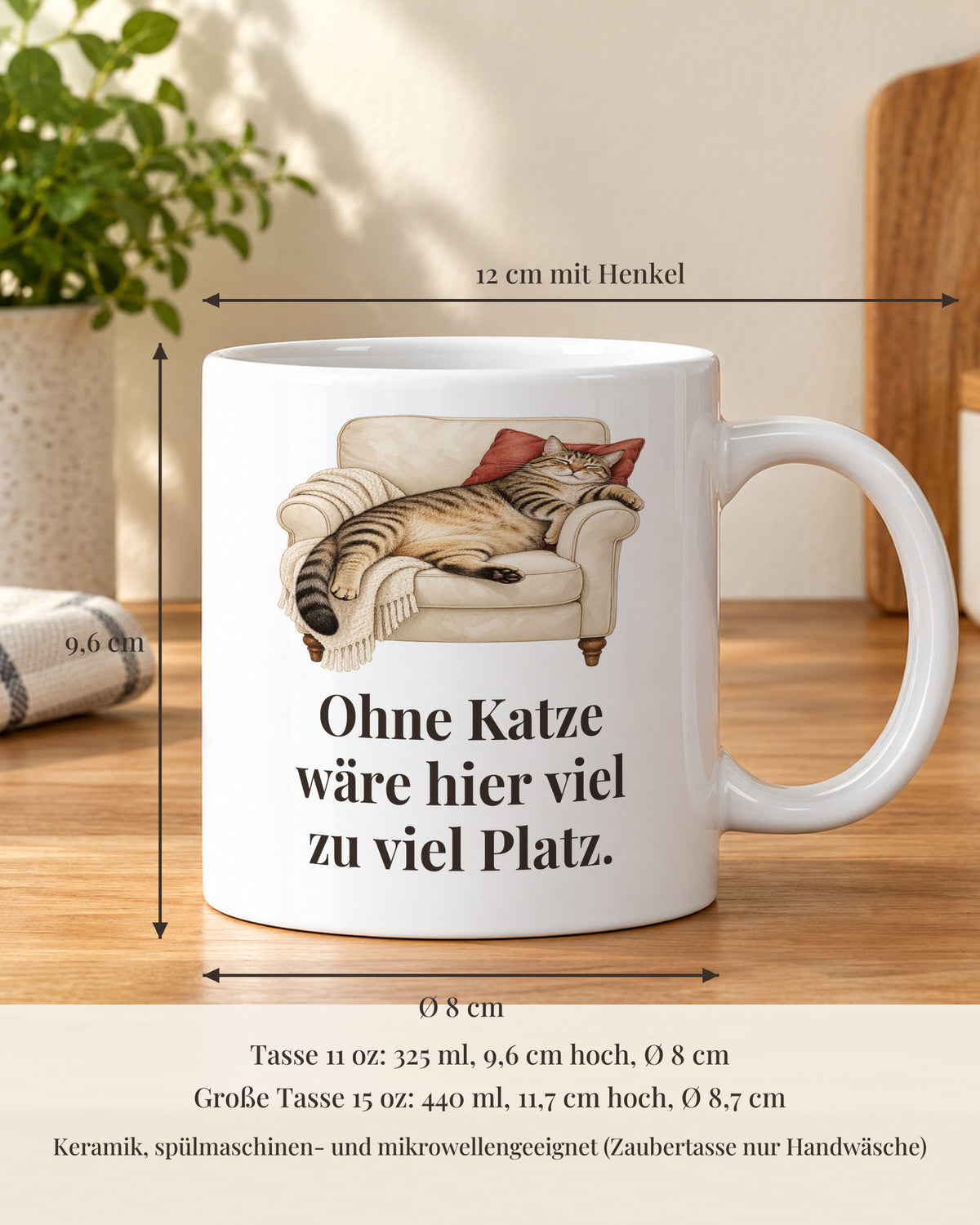 Katzentasse 11 oz mit Maßen: 9,6 cm hoch, 8 cm Durchmesser