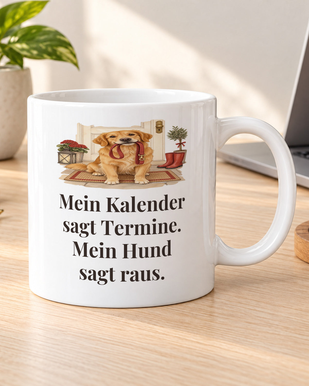 Hundetasse „Mein Kalender sagt Termine. Mein Hund sagt raus.“ am Schreibtisch