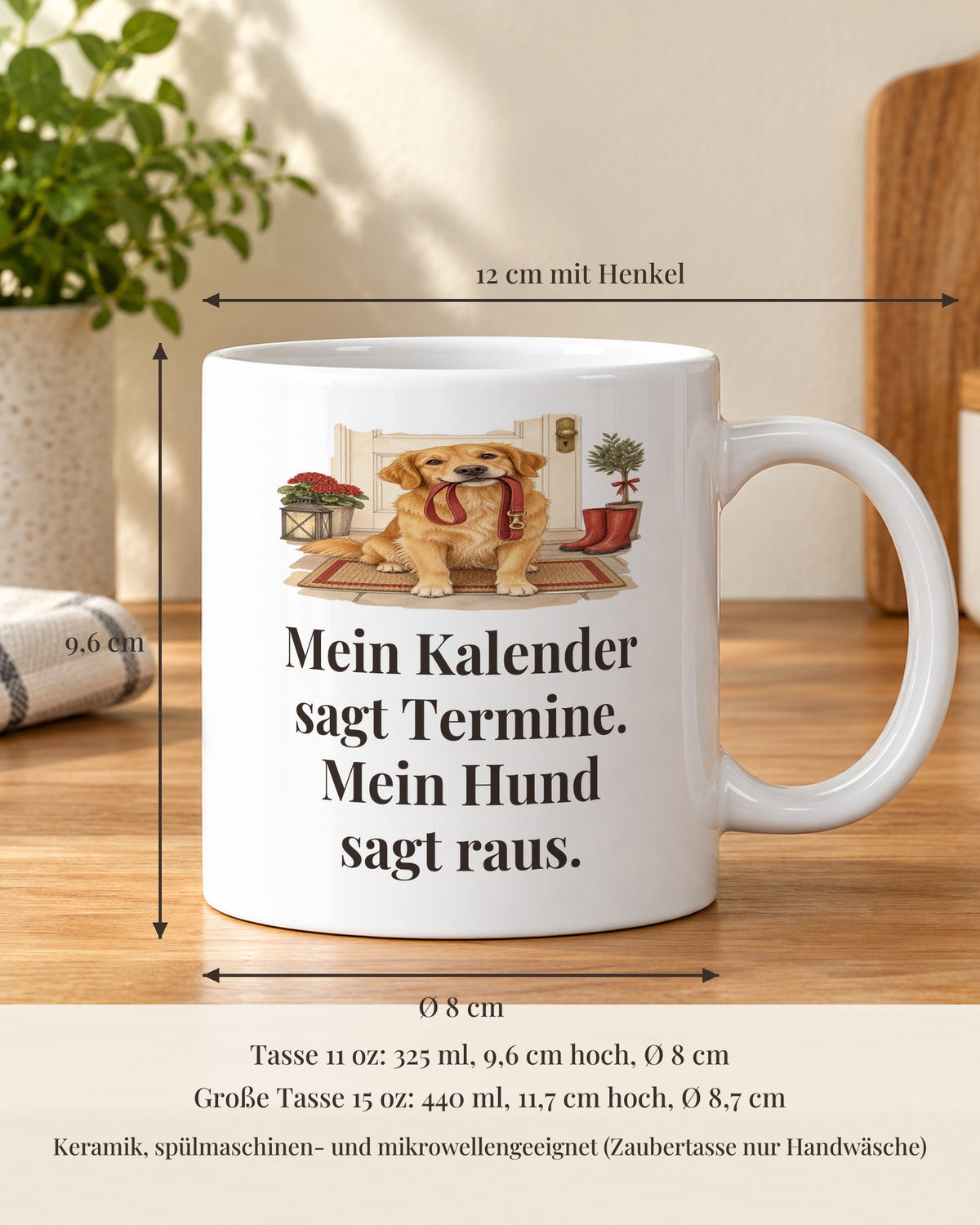 Hundetasse 11 oz mit Maßen: 9,6 cm hoch, 8 cm Durchmesser