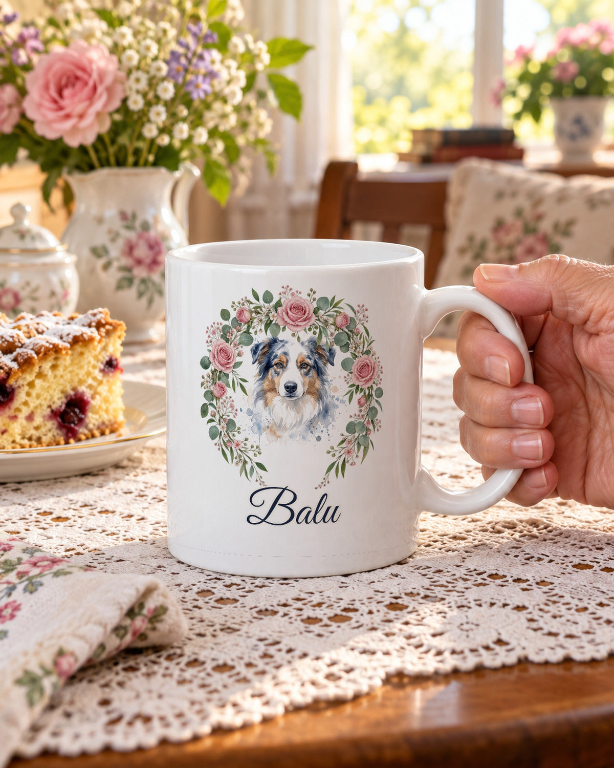 Weiße Tasse mit Hundeportrait im Aquarell-Stil im rosa Blütenkranz und dem Namen Balu, gehalten an einer Kaffeetafel