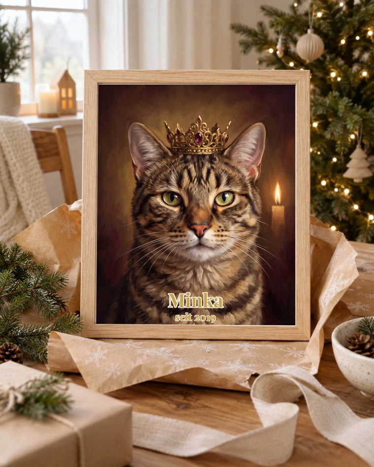 Katzenportrait als Poster im Holzrahmen im Royal-Stil im Weihnachtszimmer