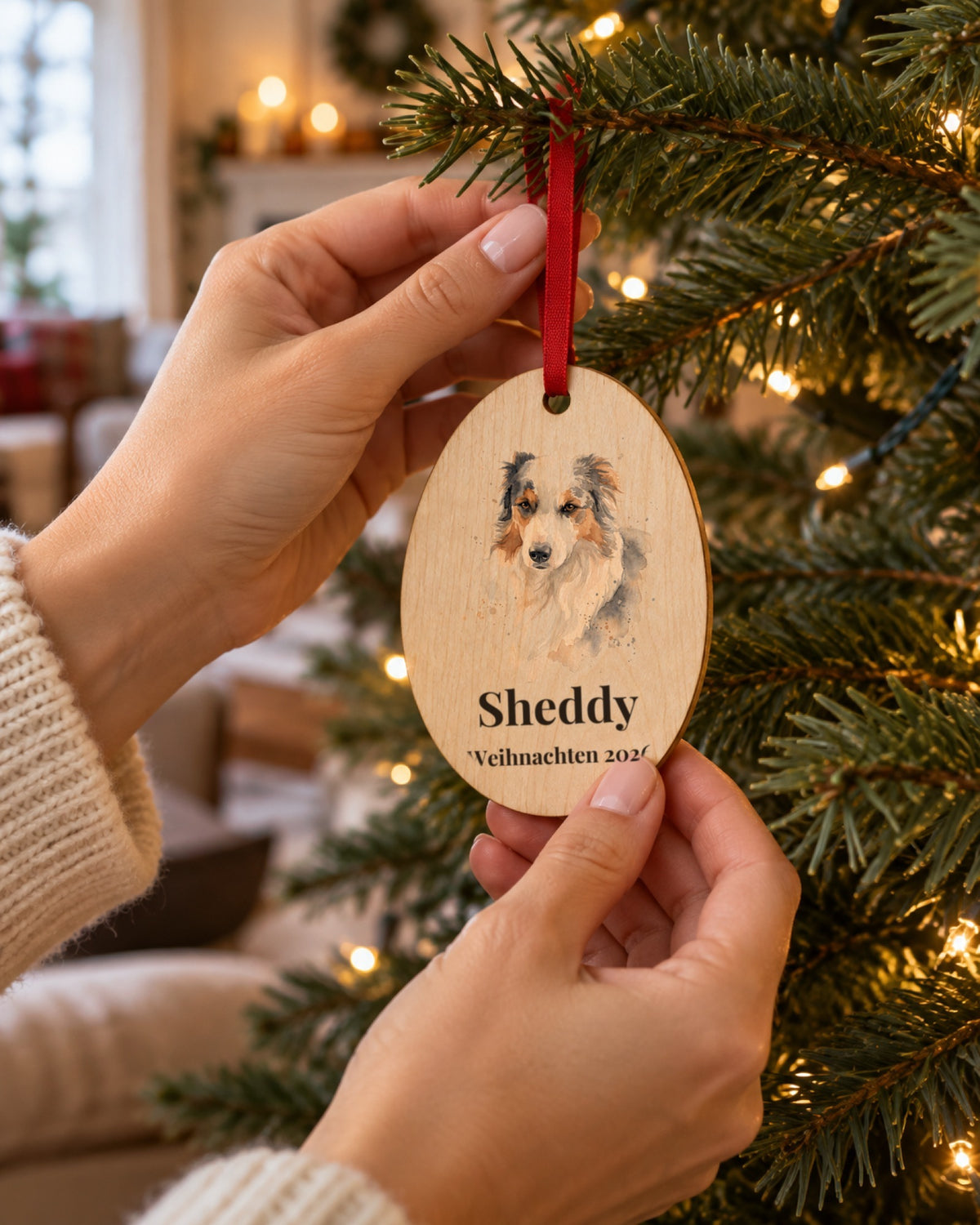 Holzanhänger mit Hundeportrait im Aquarell-Stil, Namen Sheddy und Weihnachten 2026, wird am Weihnachtsbaum aufgehängt