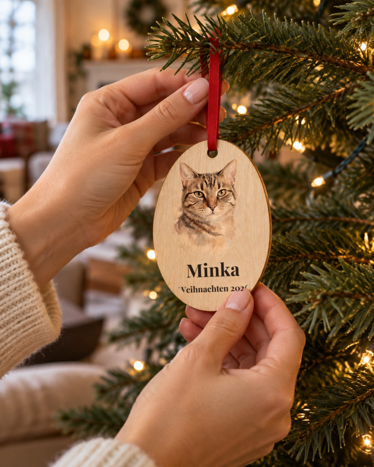 Holzanhänger mit Katzenportrait im Aquarell-Stil, Namen Minka und Weihnachten 2026, wird am Weihnachtsbaum aufgehängt