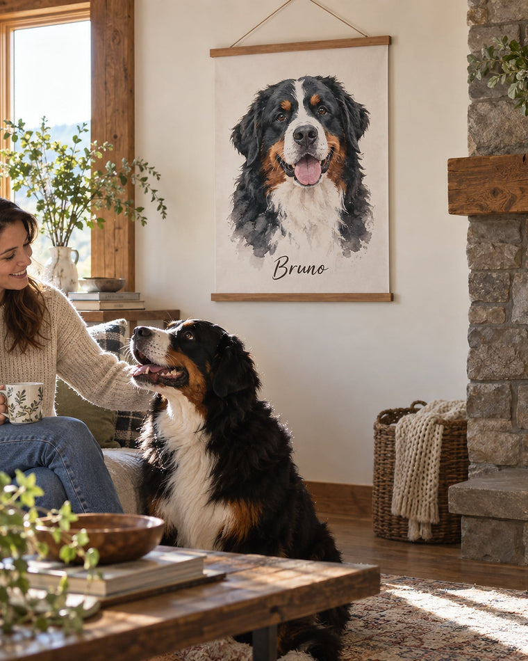 Frau mit Berner Sennenhund vor dem Hundeportrait mit Aufhängung