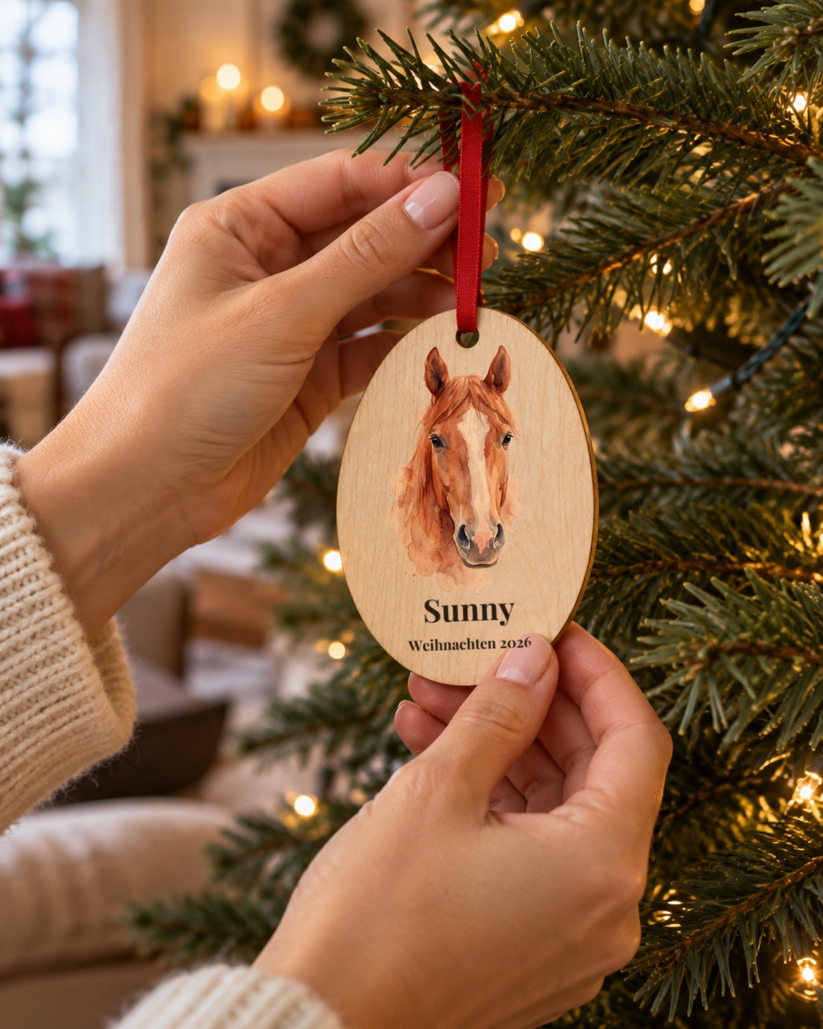 Holzanhänger mit Pferdeportrait im Aquarell-Stil, Namen Sunny und Weihnachten 2026, wird am Weihnachtsbaum aufgehängt