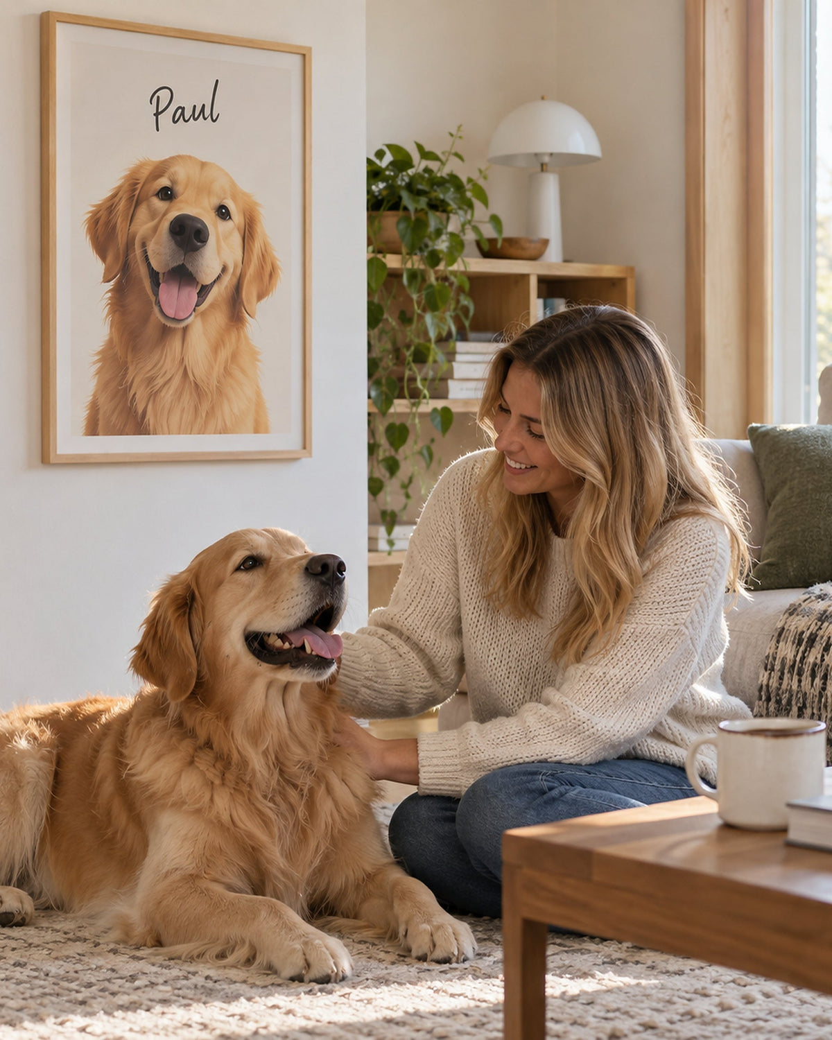 Frau mit Golden Retriever vor dem Hundeportrait im Holzrahmen