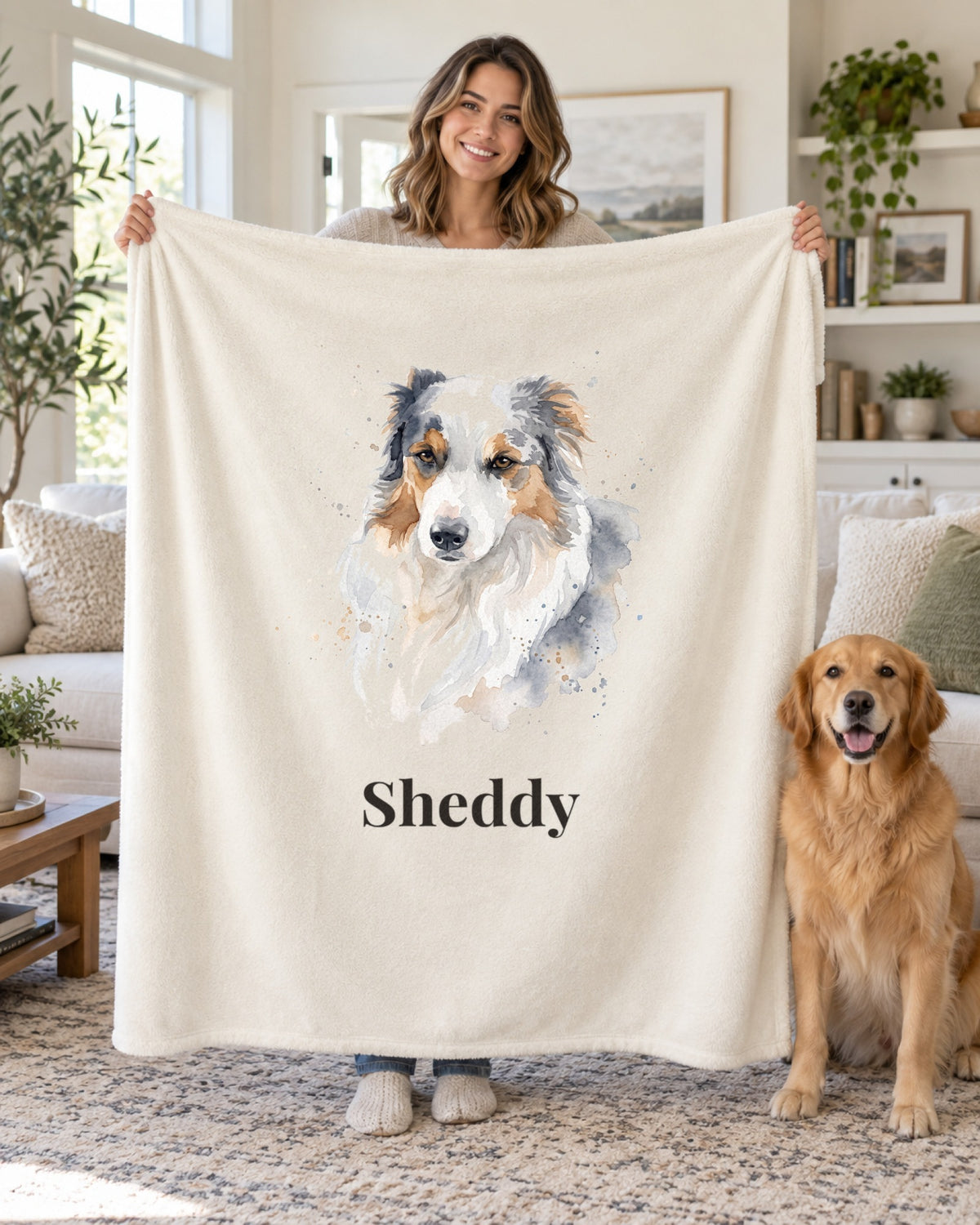 Kuscheldecke mit Hundeportrait im Stil Aquarell und dem Namen Sheddy, eine Frau hält sie hoch, ihr Hund steht daneben
