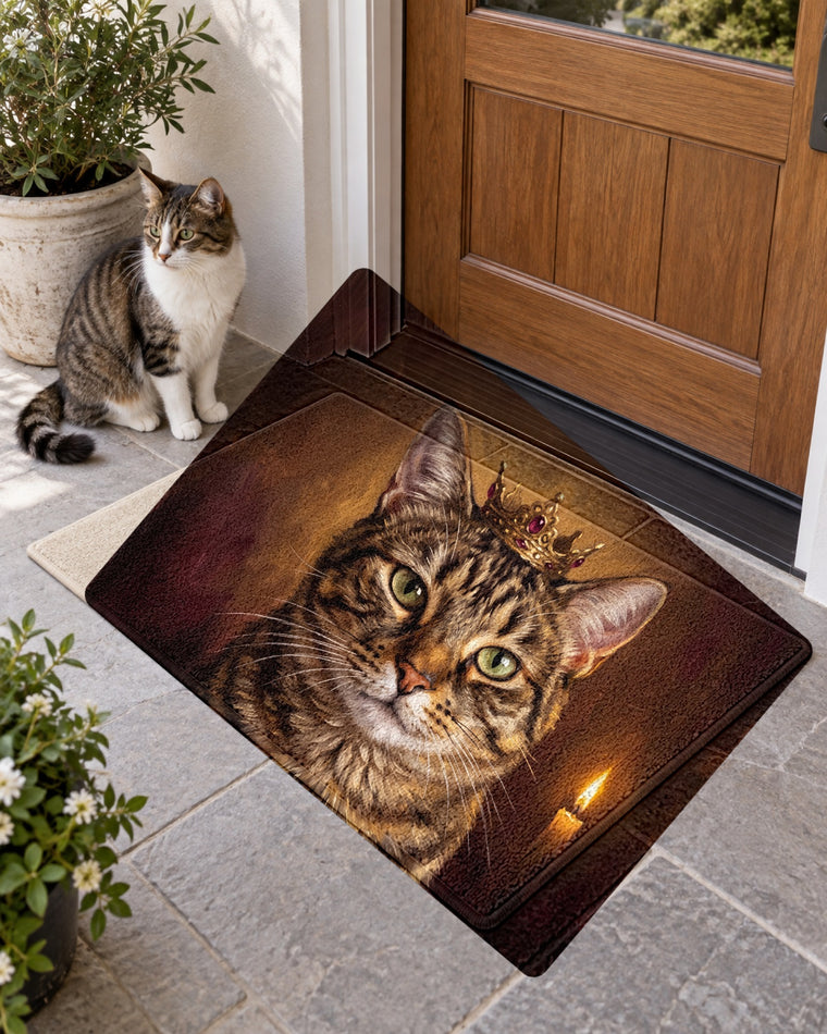 Fußmatte mit Royal-Katzenportrait vor der Haustür, eine Katze sitzt daneben
