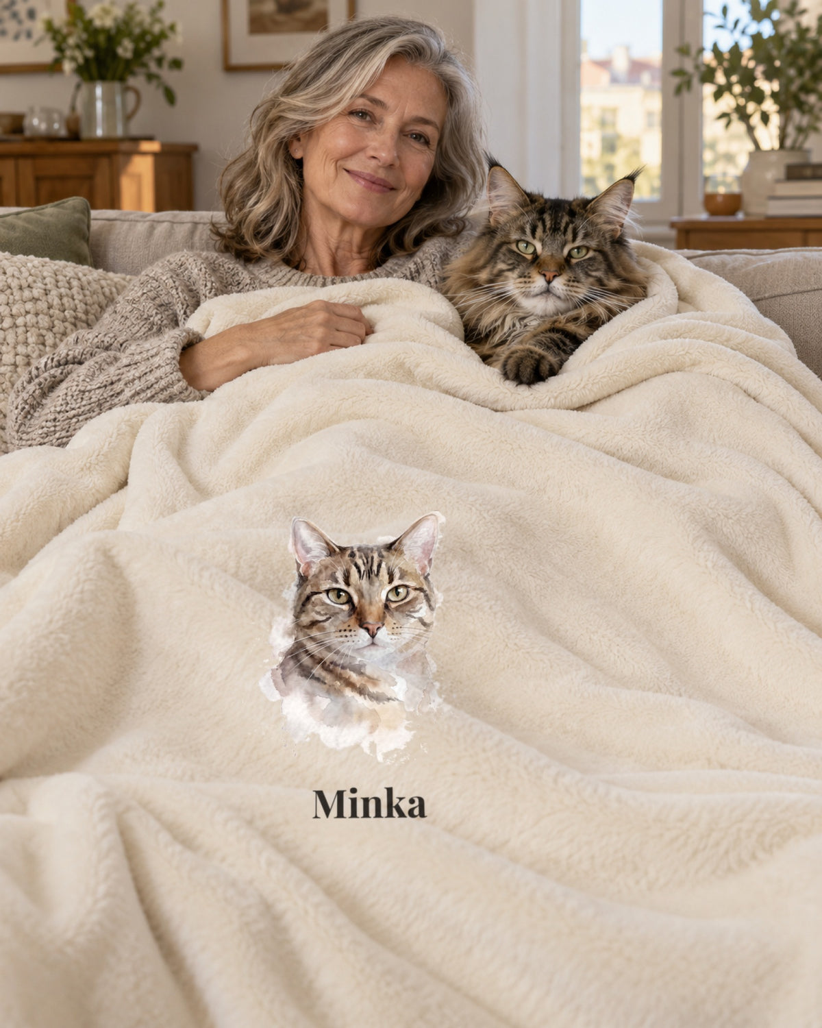 Kuscheldecke mit Katzenportrait und Namen, ältere Frau mit Maine Coon auf dem Sofa