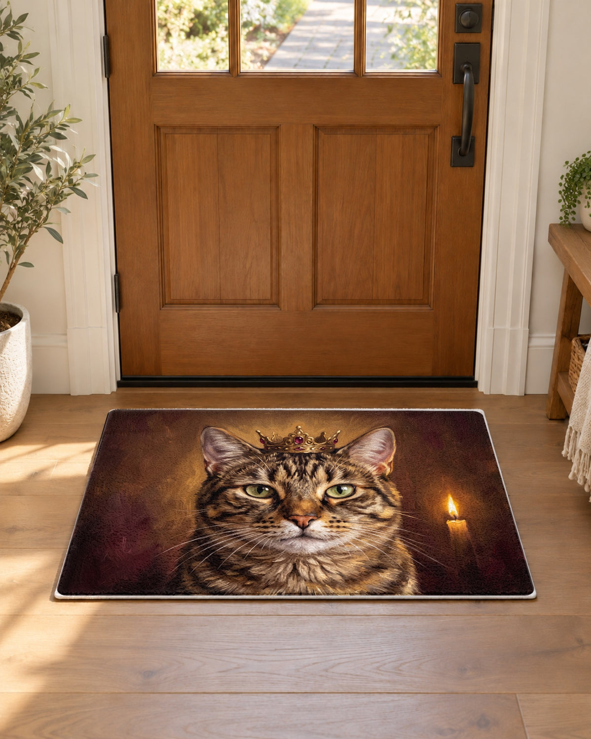 Fußmatte mit Royal-Katzenportrait vor der Haustür im Hausflur