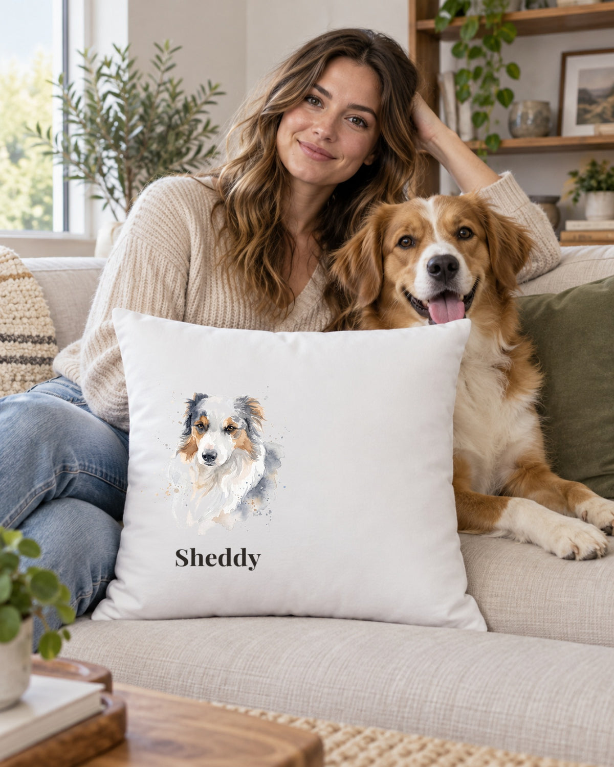 Weißes Kissen mit Hundeportrait im Stil Aquarell und dem Namen Sheddy auf dem Sofa, eine Frau lehnt mit ihrem Hund daneben