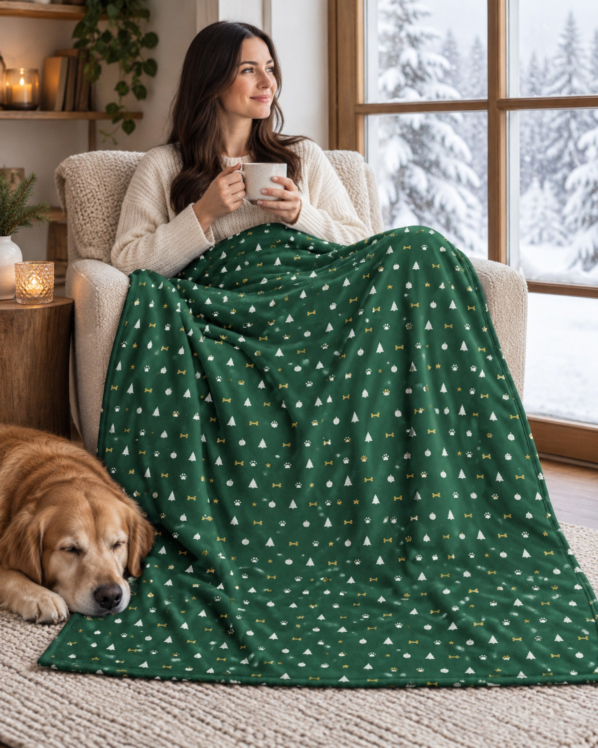 Frau mit Tee unter der grünen Weihnachtsdecke, ein Golden Retriever liegt daneben