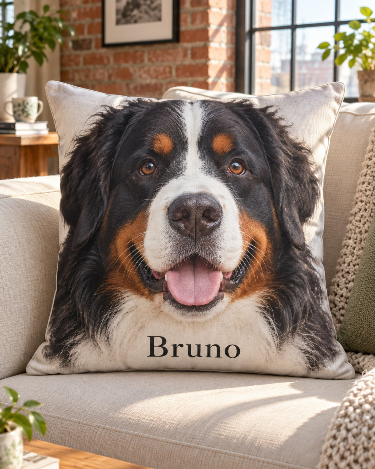 Kissen Hund ganz nah mit Berner Sennenhund und Namen Bruno auf dem Sofa