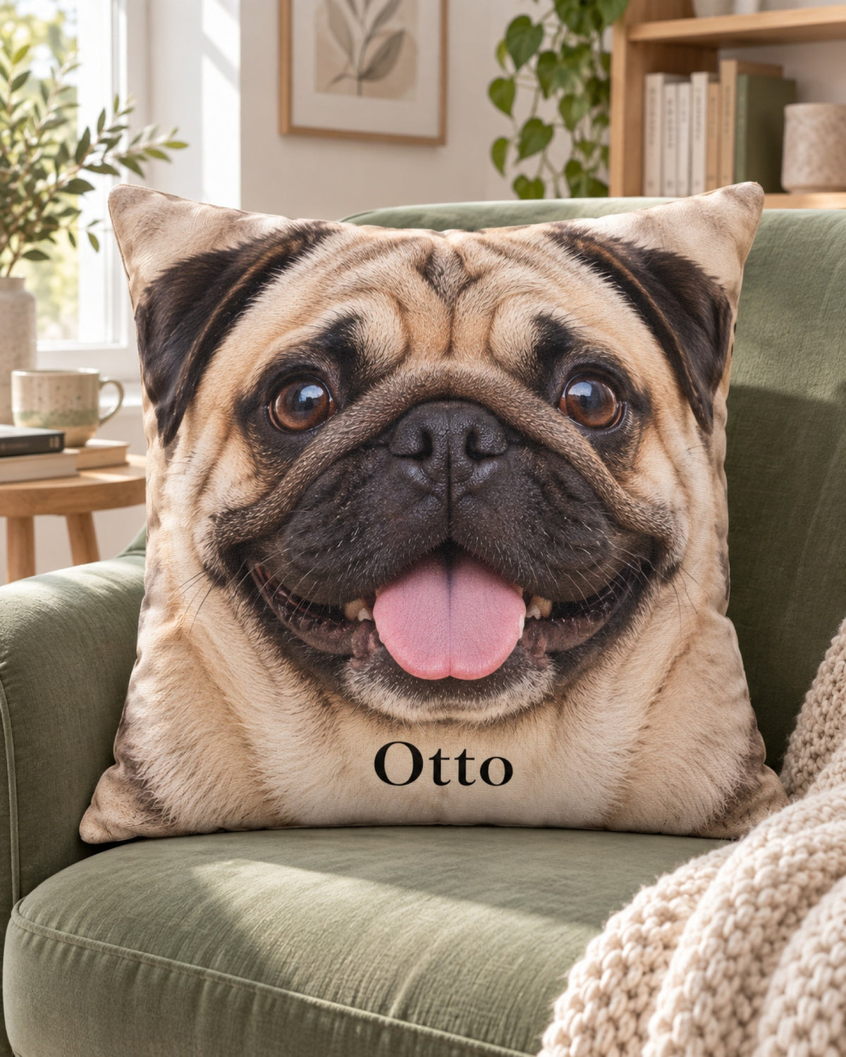 Kissen mit vollflächigem Nahportrait eines Mopses und dem Namen Otto auf einem grünen Sessel im hellen Wohnzimmer