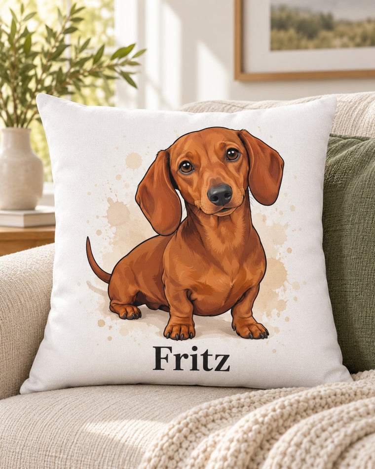 Kissen mit Dackel im Cartoon-Stil und Namen Fritz, das Kissen liegt auf einem hellen Sofa im Wohnzimmer