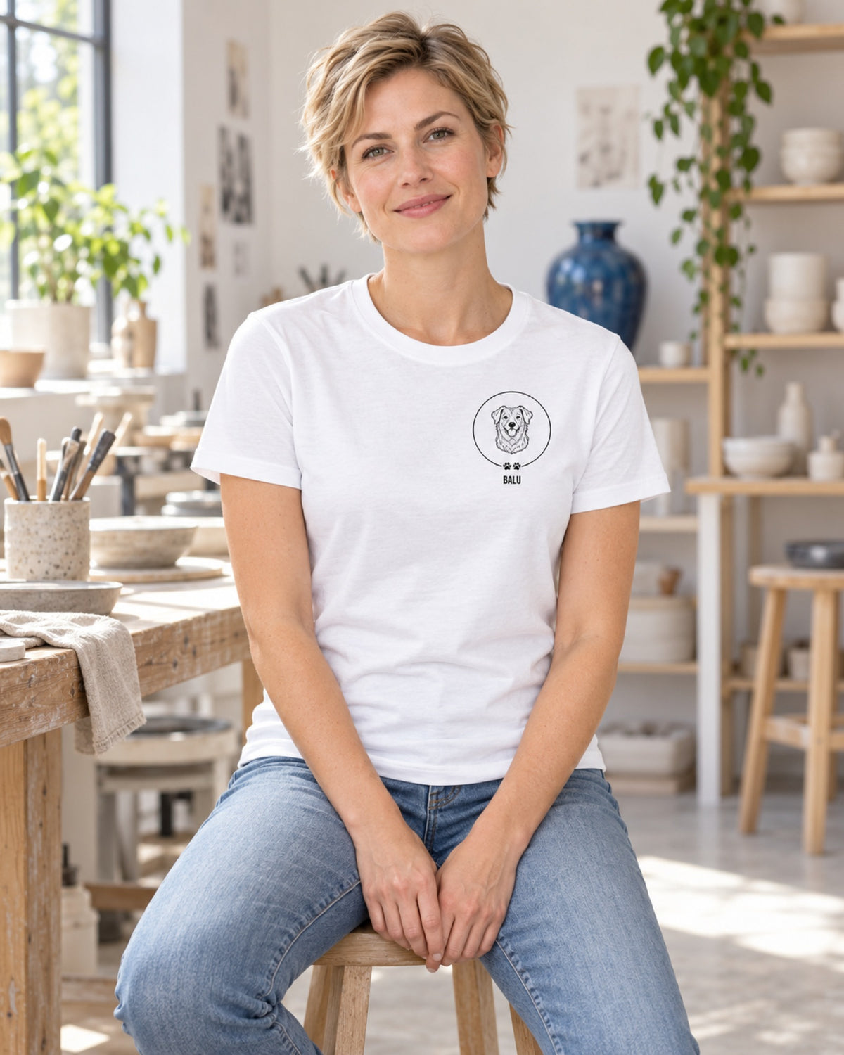 Frau im weißen T-Shirt mit kleinem Tierportrait als Brustmotiv in der Küche