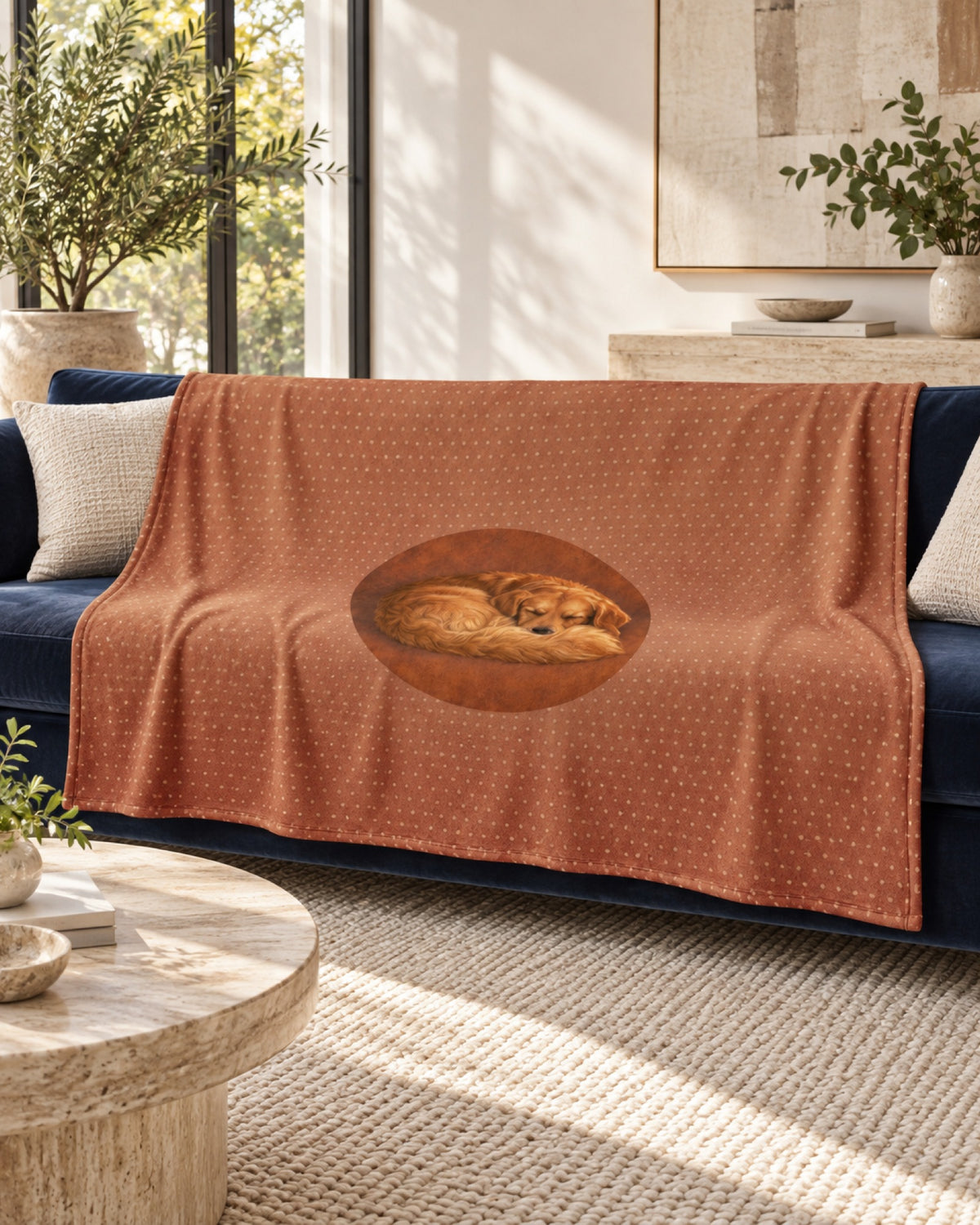 Decke Kuschelzeit in Terrakotta mit schlafendem Golden Retriever auf dem Sofa