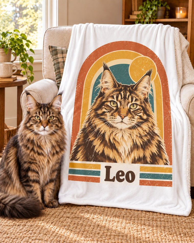 Sherpa-Decke mit Maine Coon im Retro-Stil und Namen Leo, die Maine Coon sitzt neben der Decke am Sessel