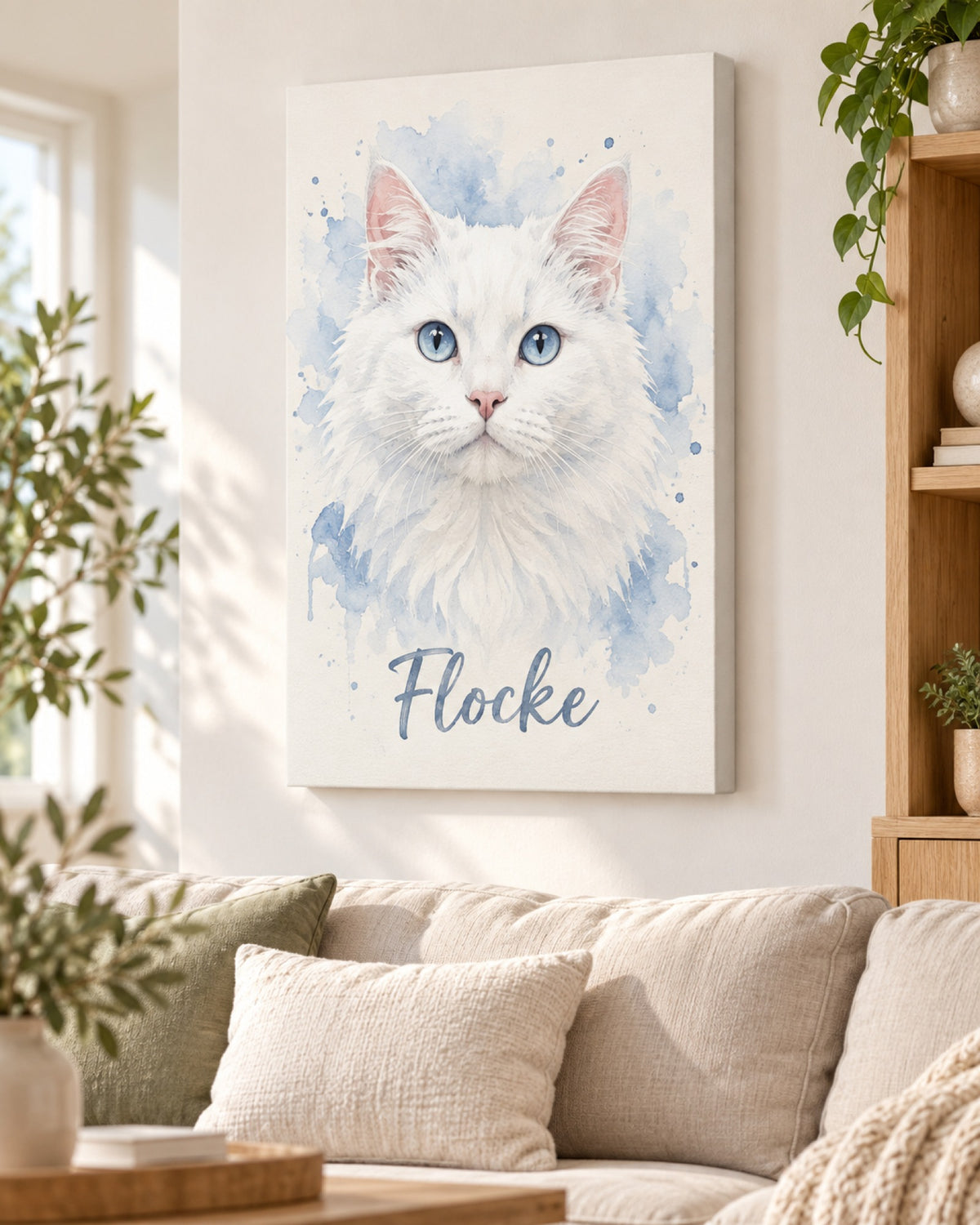 Katzenportrait auf Leinwand, Türkisch Angora im Aquarell-Stil mit Namen Flocke hängt über dem Sofa