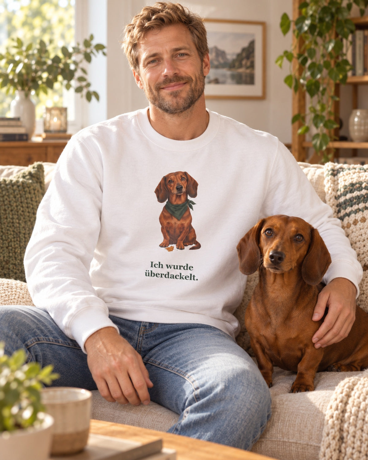 Mann im weißen Sweatshirt „Ich wurde überdackelt.“ mit seinem Dackel auf dem Sofa