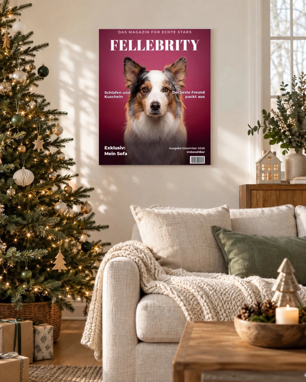 Magazin-Cover auf Leinwand im Weihnachtszimmer