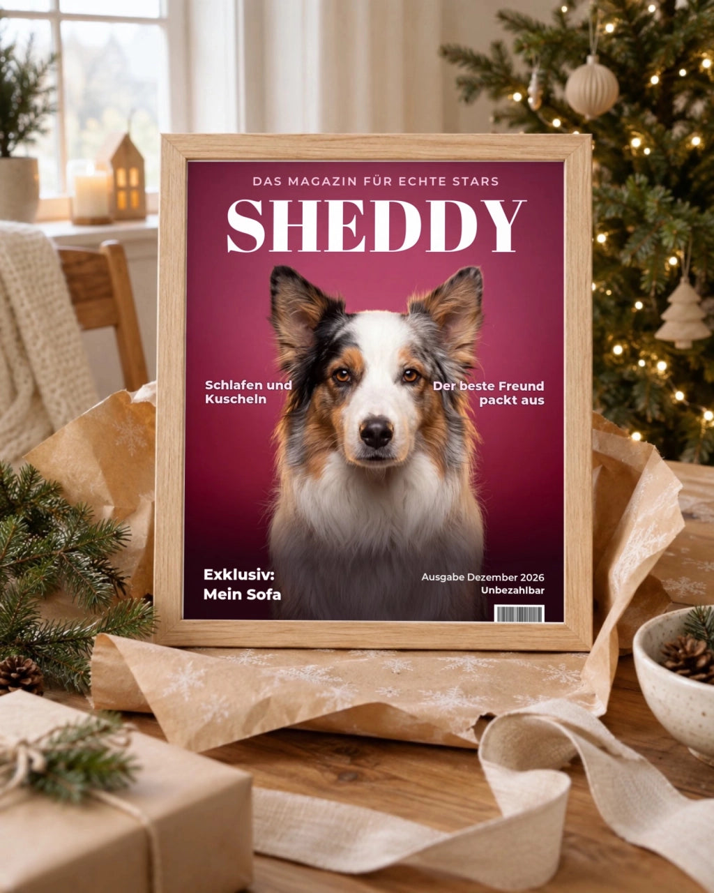 Magazin-Cover im Holzrahmen im Weihnachtszimmer